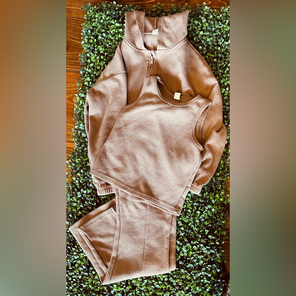 Brown Waffle Knit Tank and Pants Set